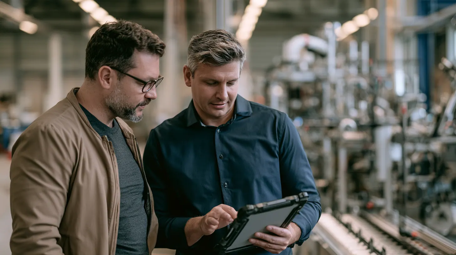 Two engineers reviewing production data on a tablet on the factory floor