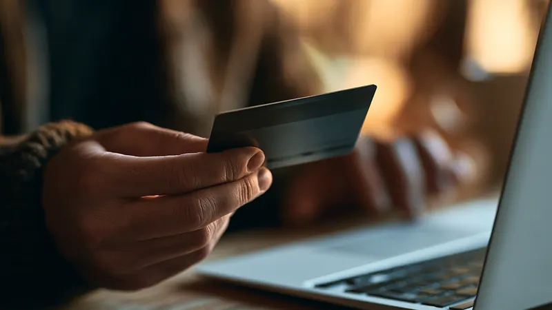 A person holding a credit card next to an open laptop
