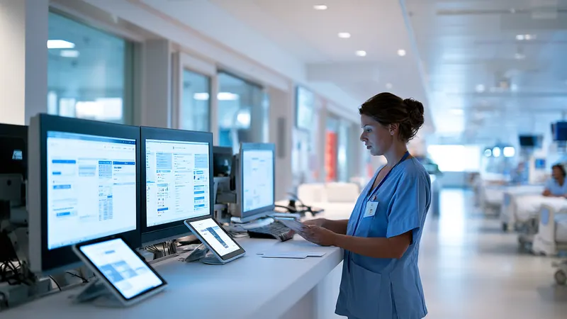A nurse working at a hospital station with large monitors and tablets