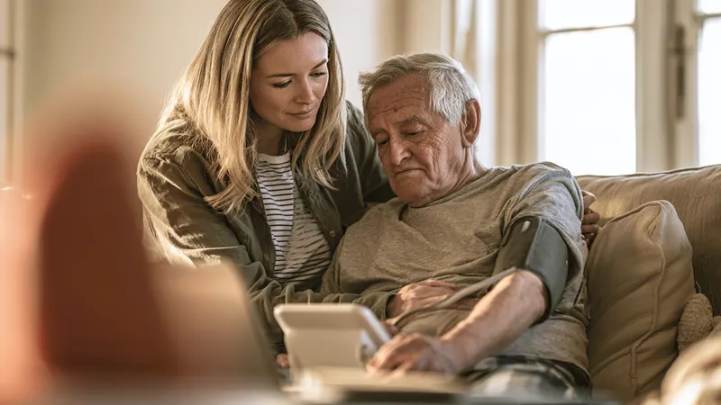 A caregiver and an older man checking his health readings on a tablet at home
