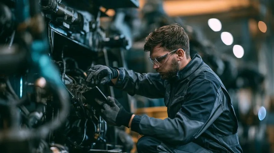 Engineer maintaining production equipment on a factory floor