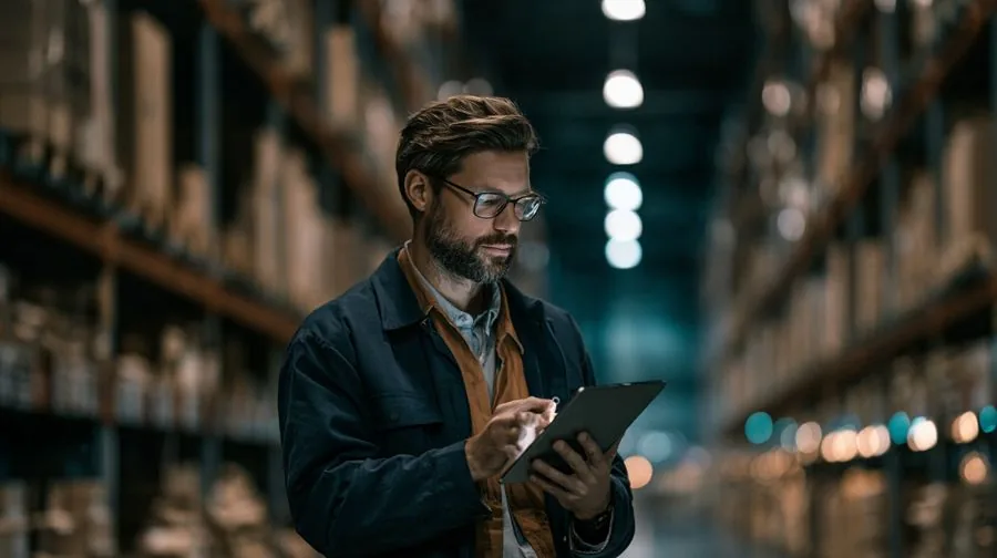 A warehouse worker checking stock on a shelving aisle