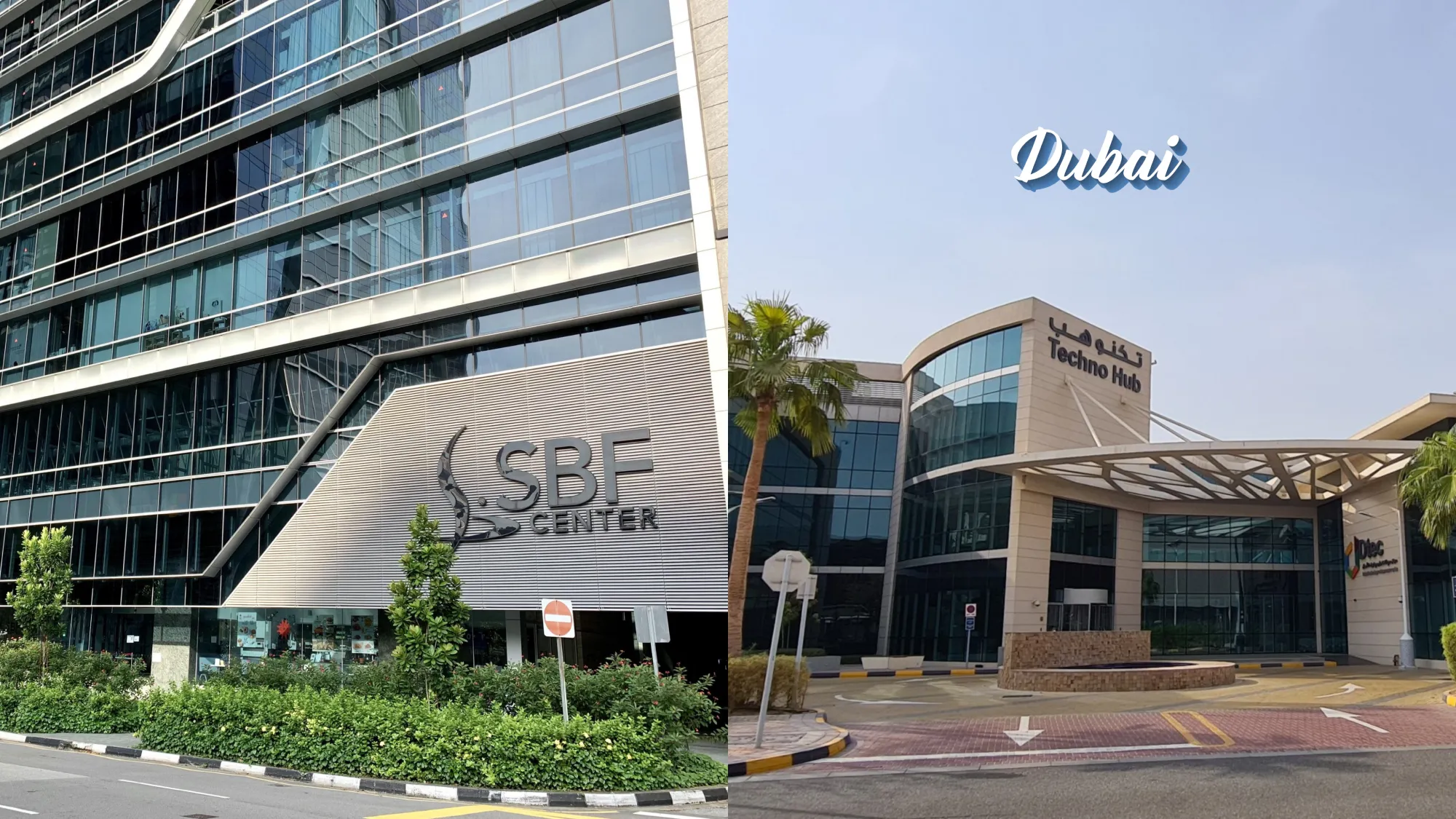 Side-by-side images of modern office buildings in Singapore and Dubai.