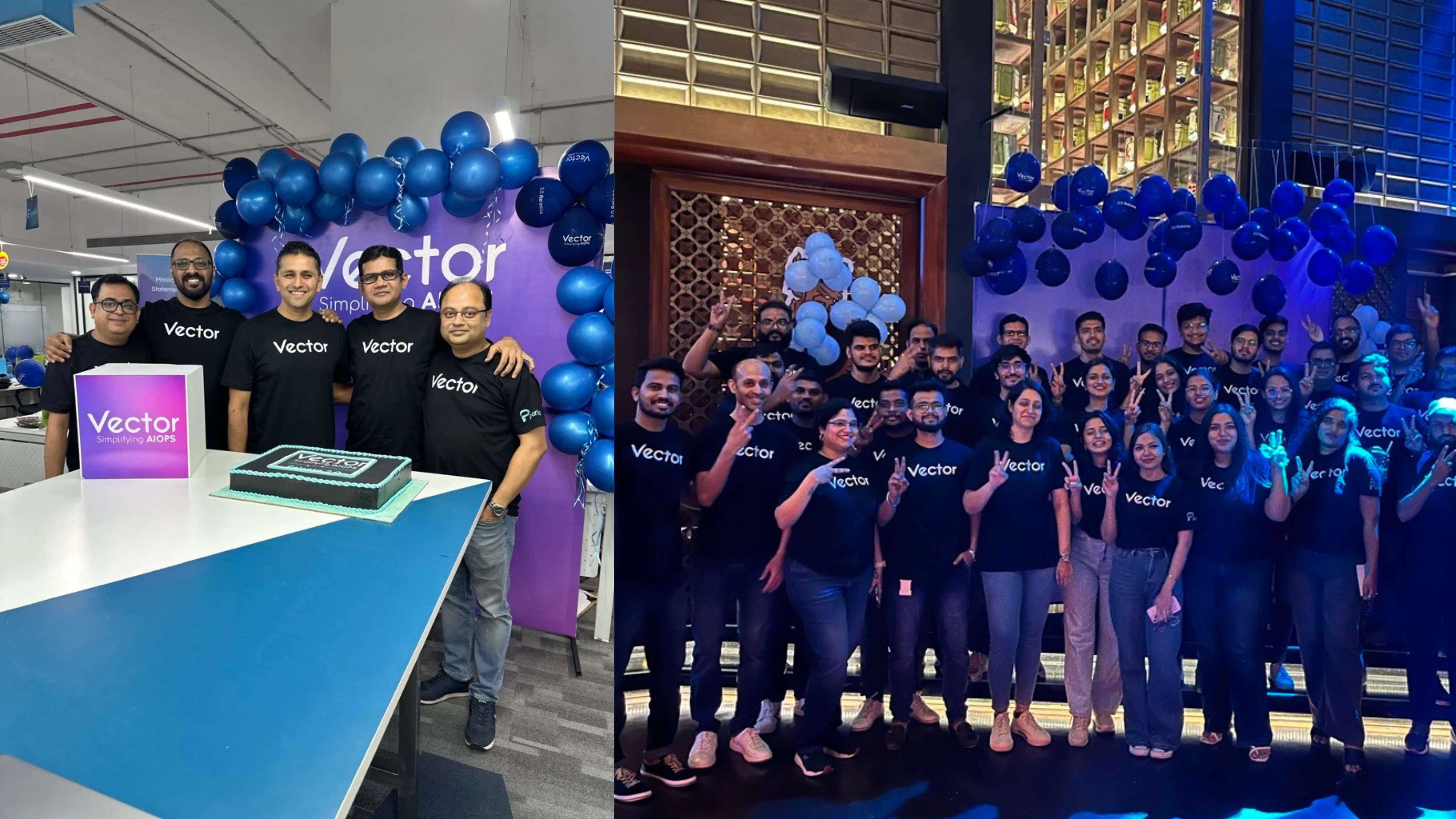 Group of people wearing black Vector t-shirts celebrating indoors with blue balloons and a cake.