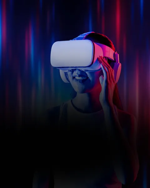 Person smiling wearing VR headset